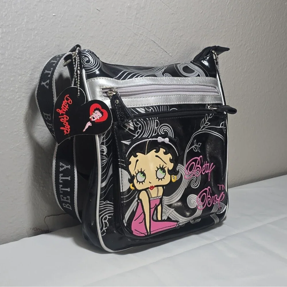 Betty Boop Black Silver Patent Crossbody Bag Purse Y2K Graphic Print Zip Charm
